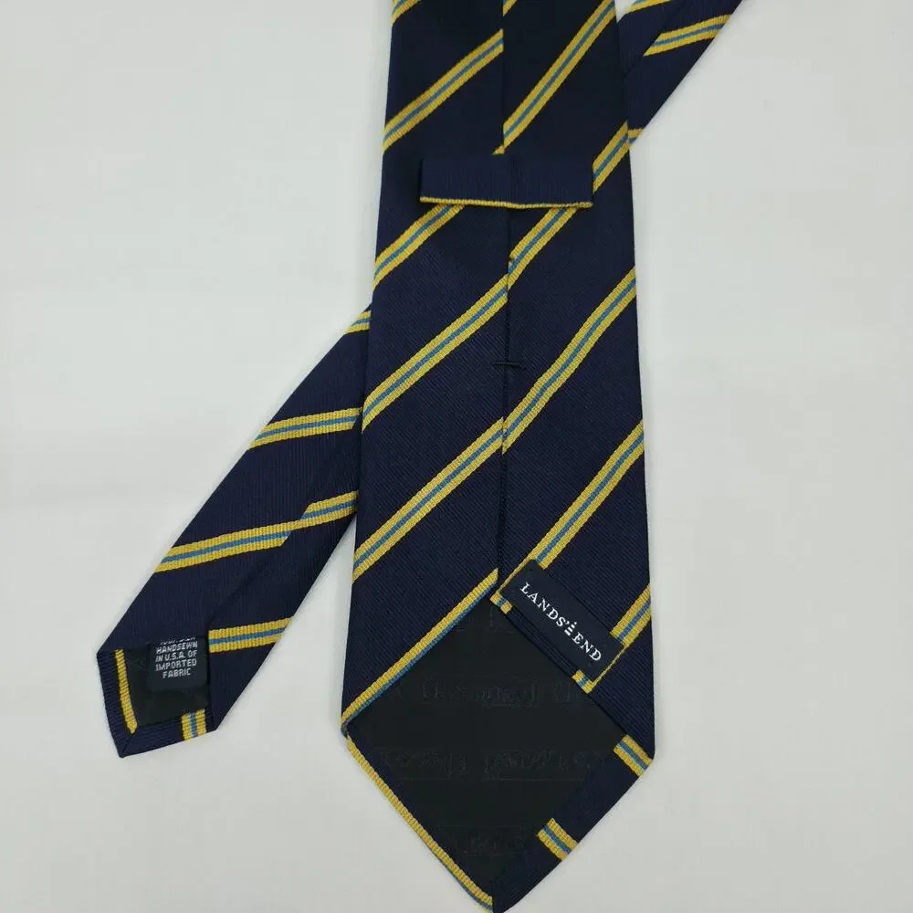 Lands End 100% Silk Neck Tie Navy Gold Blue Repp Stripe USA Classic 3.25 Office